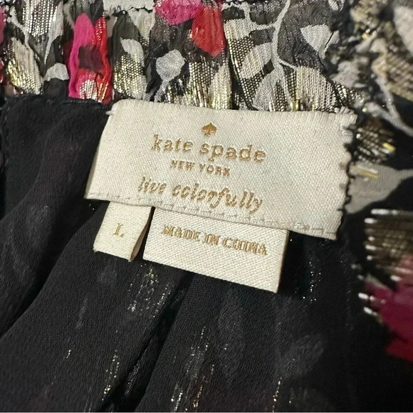 Kate Spade Large Floral Park Silk Sleeveless Ruffle Top Metallic Clip Dot - Picture 11 of 13